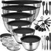 Anniversary Celebration while stocks last：Mixing Bowls with Airtight Lids Set, 26PCS Stainless Steel Khaki Bowls with Grater Attachments, Non-Slip Bottoms & Kitchen Gadgets Set, Size 7, 4, 2.5, 2.0,1.5, 1QT, Great for Mixing & Serving