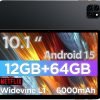 Anniversary Celebration while stocks last：Android Tablet, 10.1 inch Android 15 Tablet, Octa-core, 2 Years Protection, RAM 12GB, ROM 64GB(Up to 2 TB), 800x1280 Resolution, WiFi 6 & Bluetooth, Dual Speakers, 5MP+8MP, 6000mAh, Black